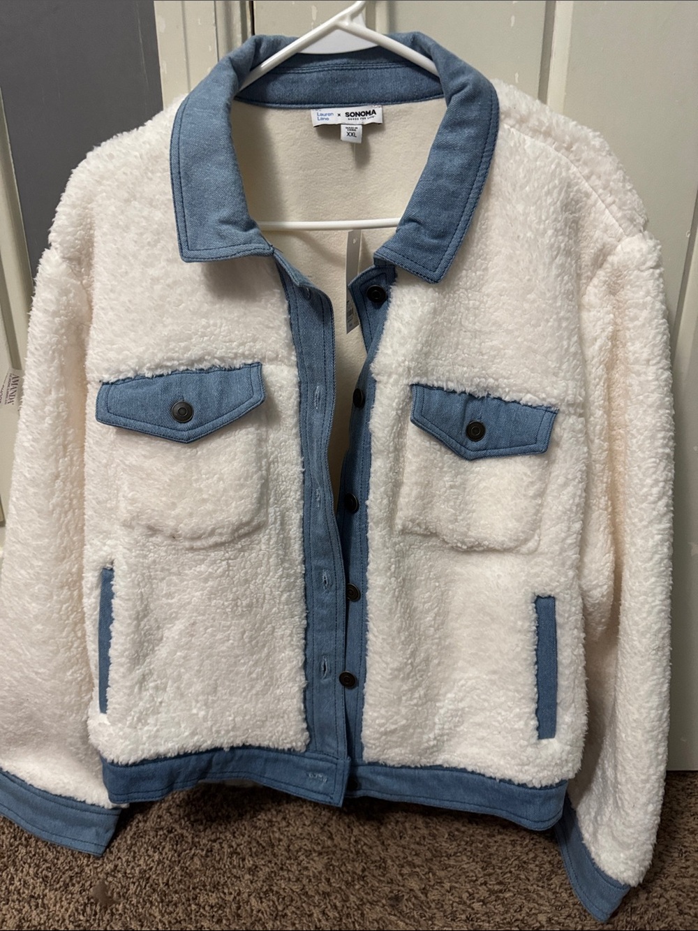 Sonoma Cream Sherpa Jacket with Blue Trim